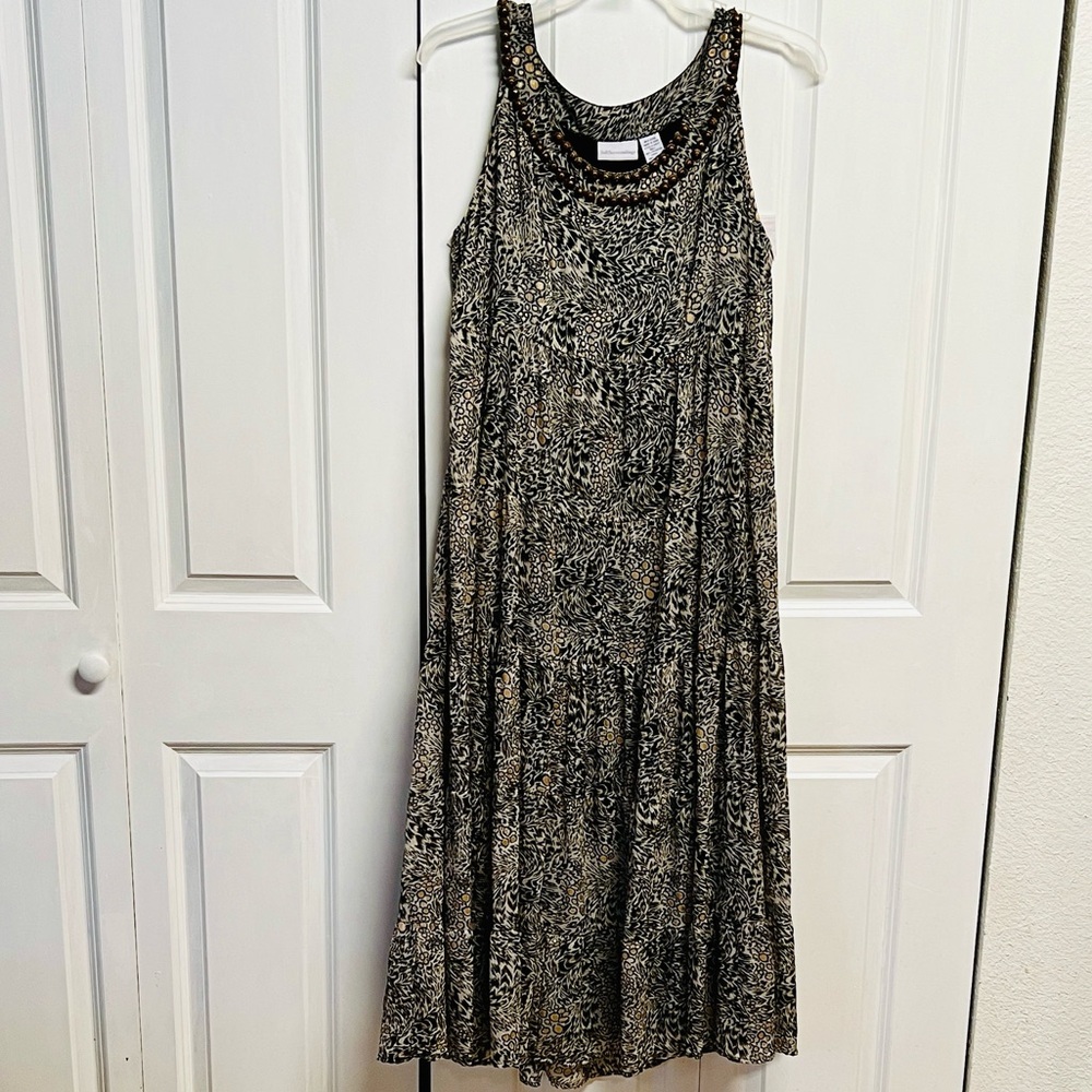 Soft Surroundings Black and Brown Beaded Patterned Midi Dress Size L